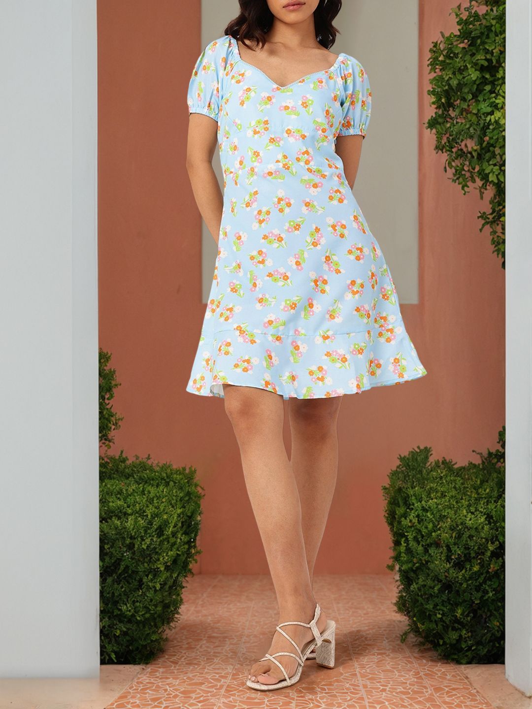 DressBerry Endearing Blossom Sweetheart Neck Puff Sleeves A-Line Dress
