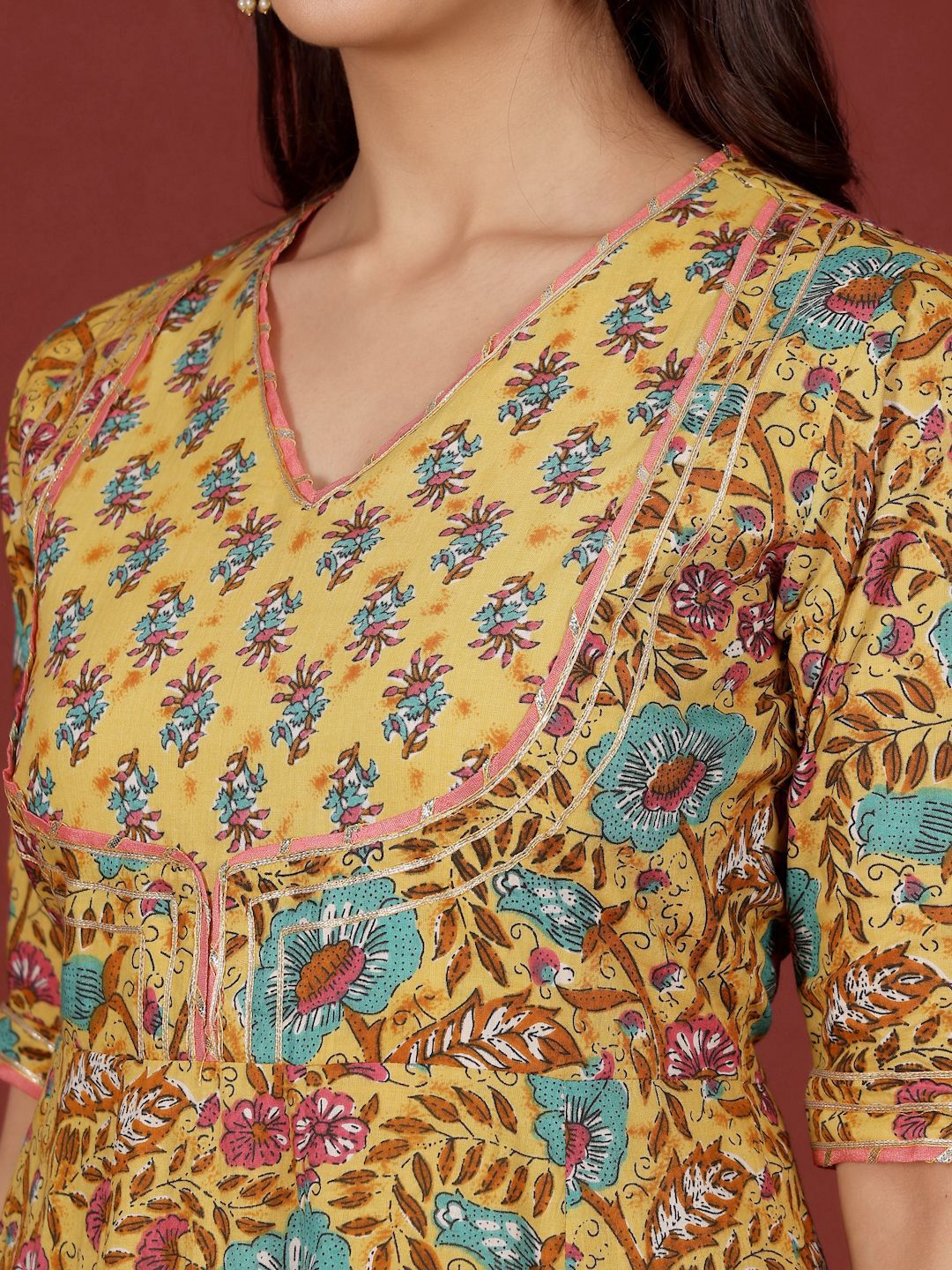 Varanga Floral Printed V-Neck Gotta Patti Pure Cotton A-Line Kurta With Trousers & Dupatta