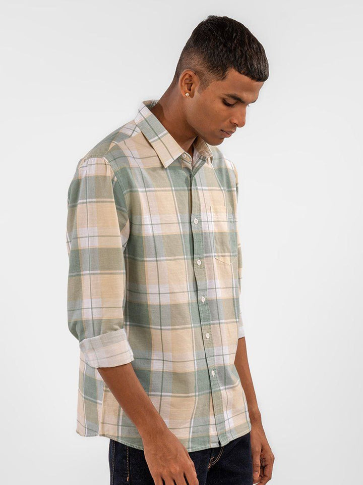 Eszett Checked Spread Collar Cotton Linen Long Sleeves Shirt