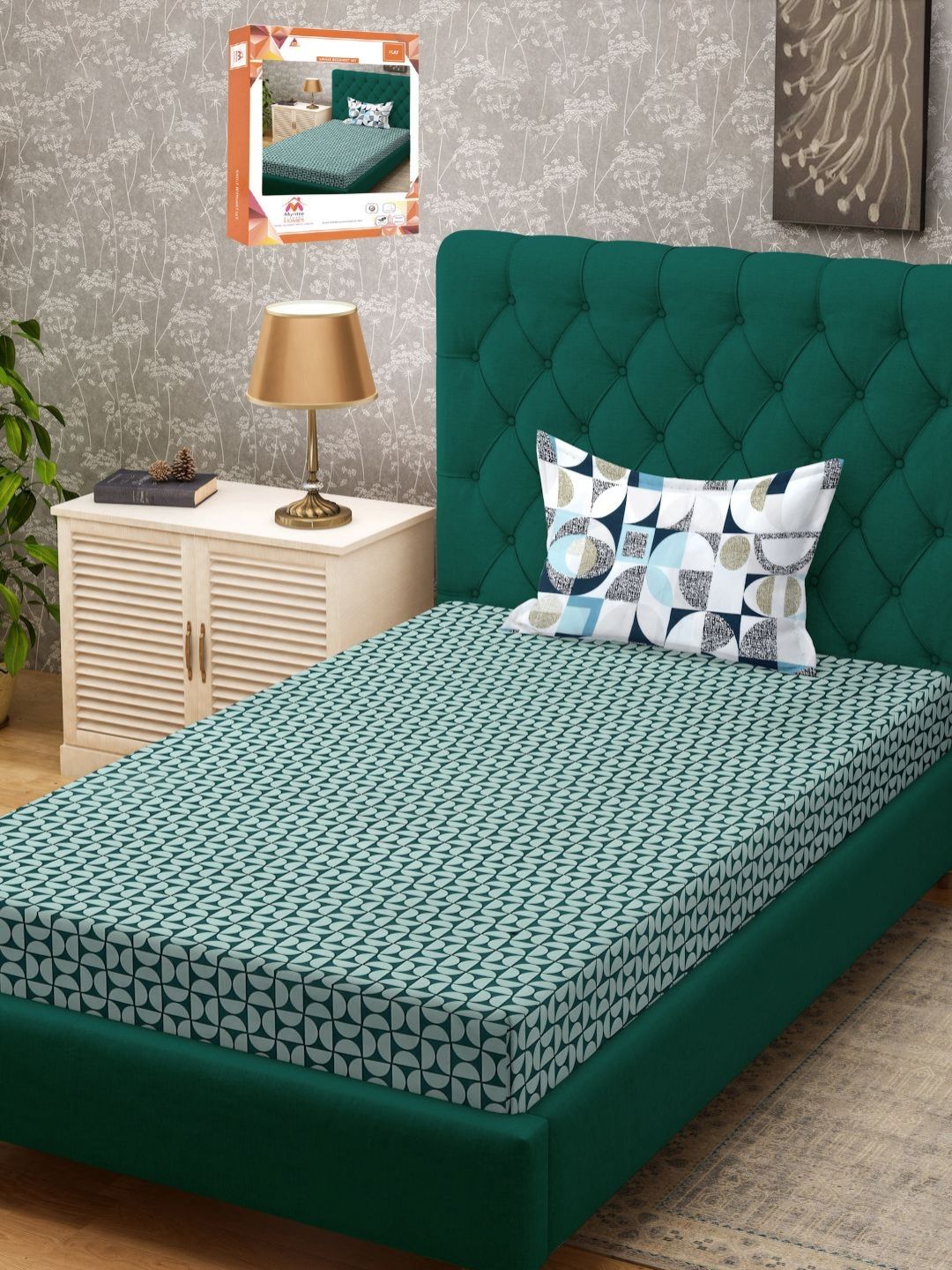 Myntra Elegant Homes Green Geometric 300 TC Single Bedsheet with 1 Pillow Covers