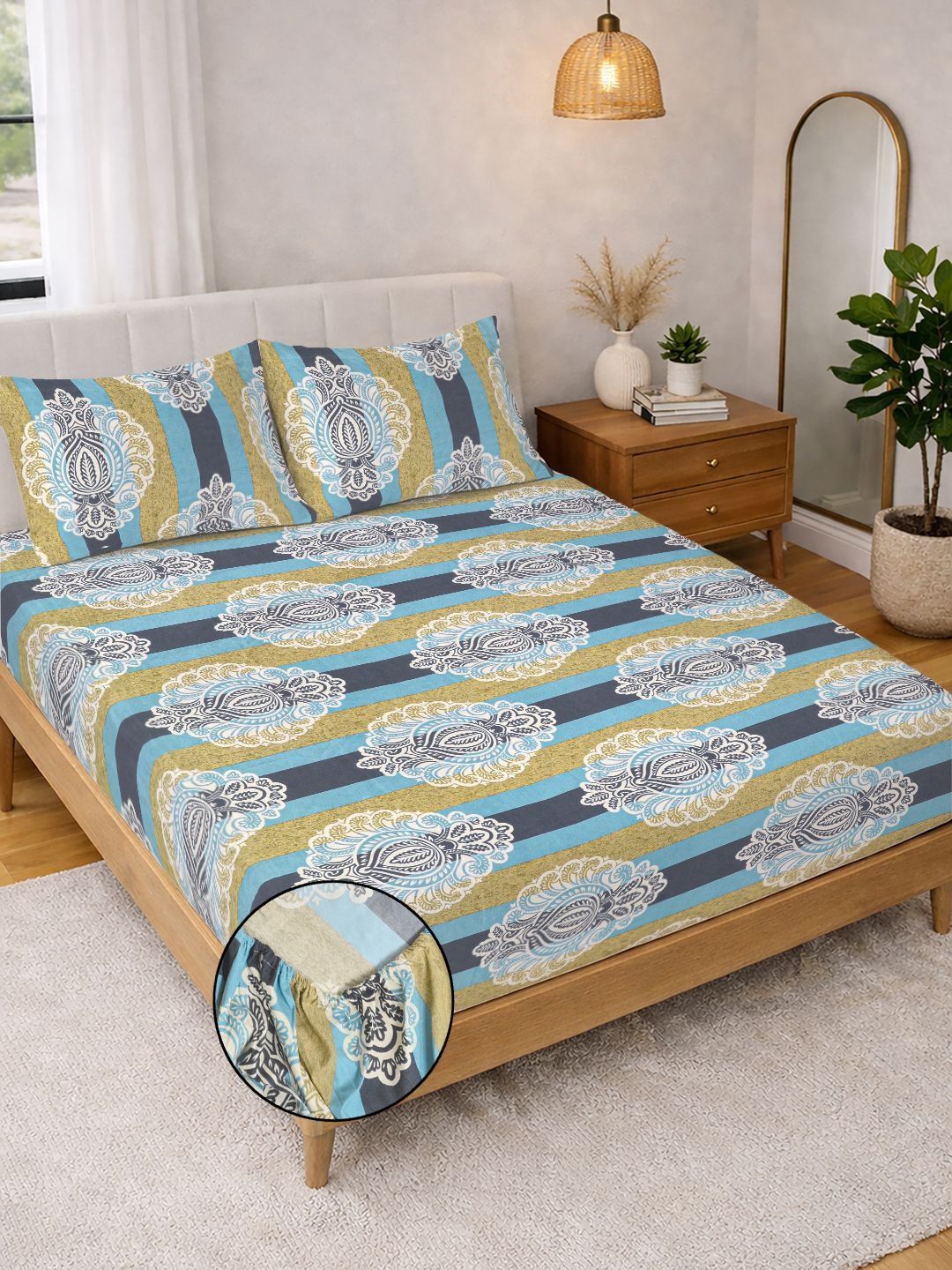 Myntra Elegant Homes Multicoloured Floral 300 TC Bedsheet with 2 Pillow Covers