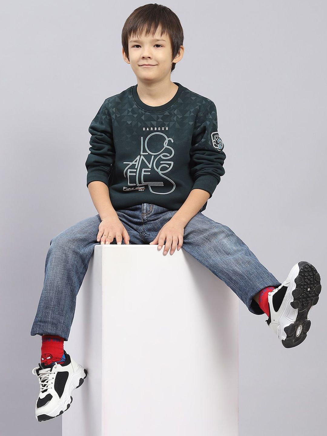Monte Carlo  Boys Cotton Green Printed Round Neck Full Sleeves Pullover Sweatshirt