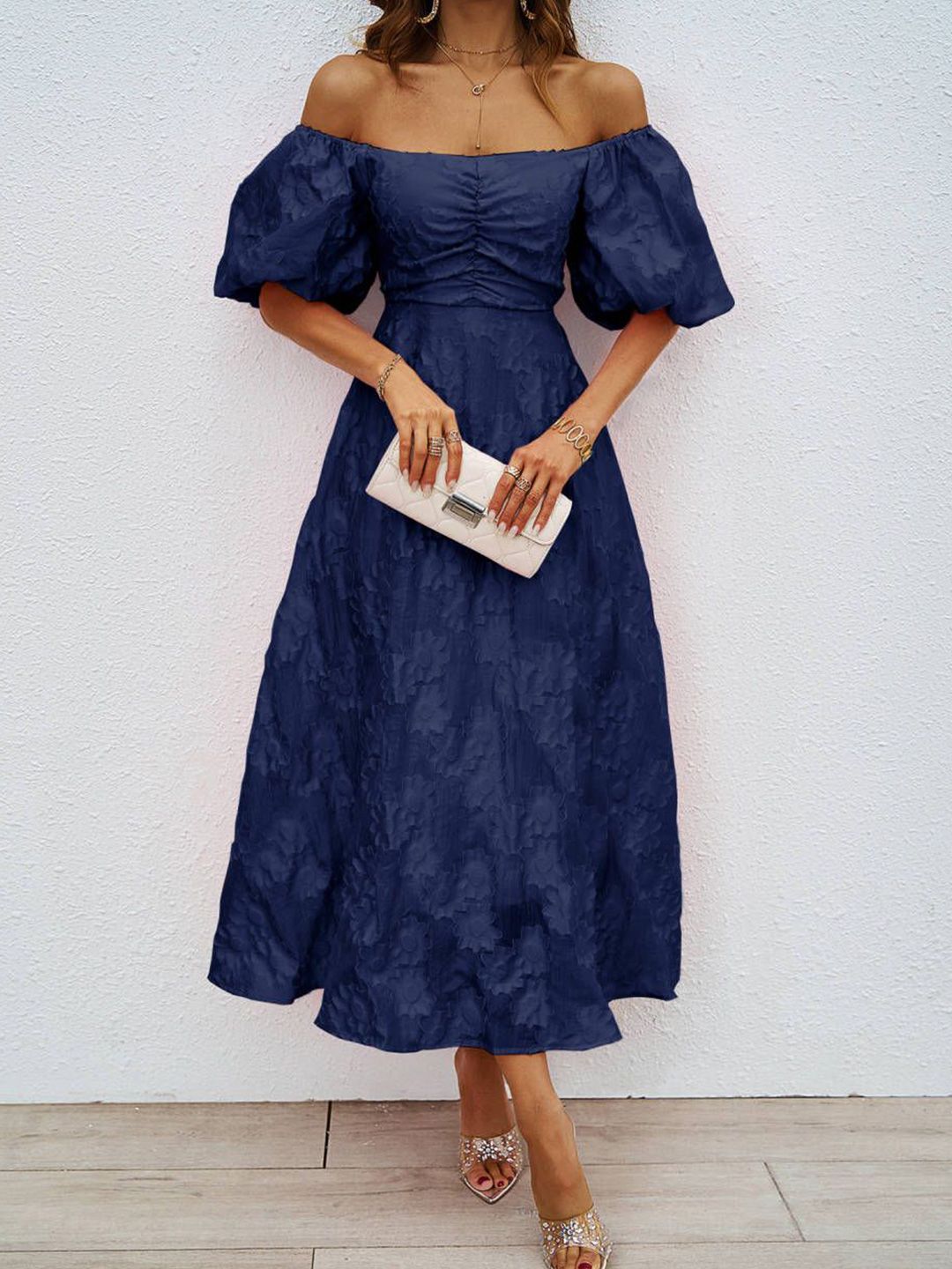 all about you  Women Solid Self Design Off-Shoulder Fit & Flare Midi Dress