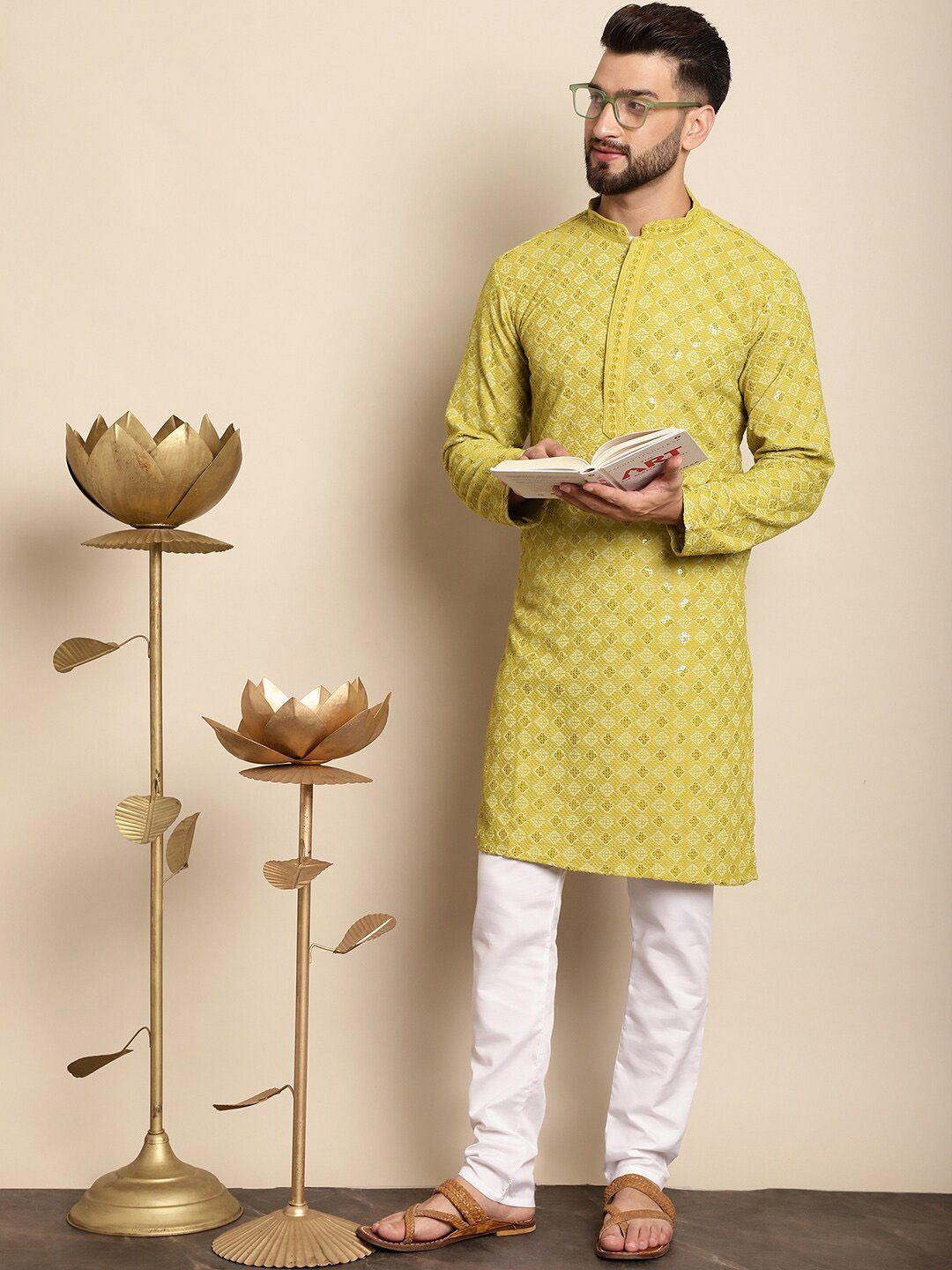 Anouk Green Ethnic Motifs Embroidered Sequinned Pure Cotton Kurta with Churidar