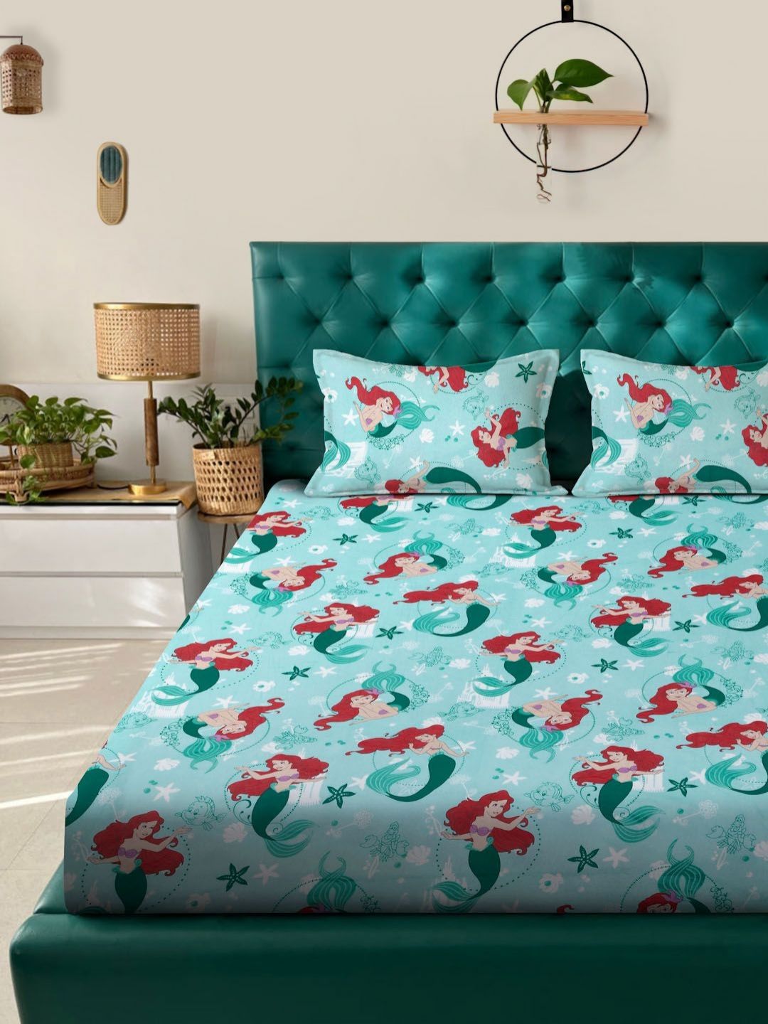 KLOTTHE Turquoise Blue Printed 400 TC Pure Cotton Fitted Double King Bedsheet Set