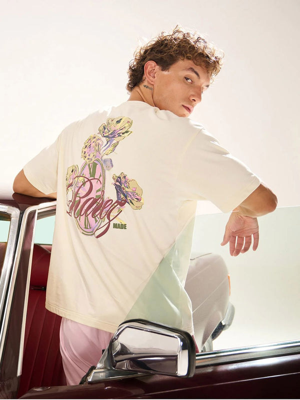 RARE RABBIT Floral Printed Drop-Shoulder Sleeves Oversized Cotton T-shirt