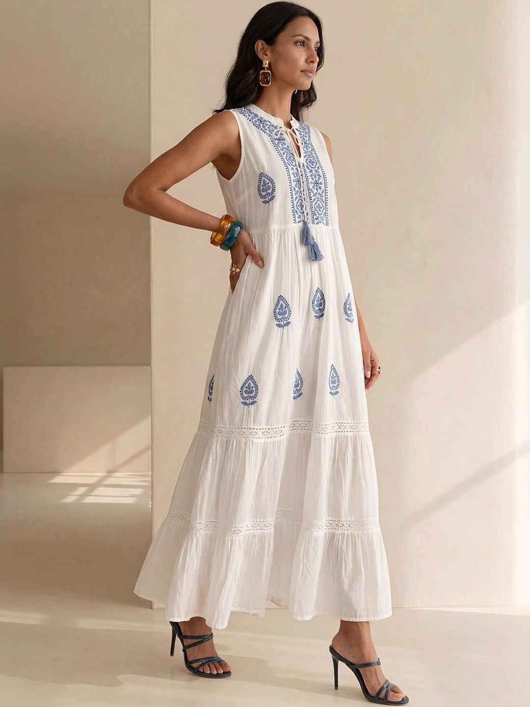 House of Chikankari Ethnic Motifs Embroidered Ruffled Maxi Dress