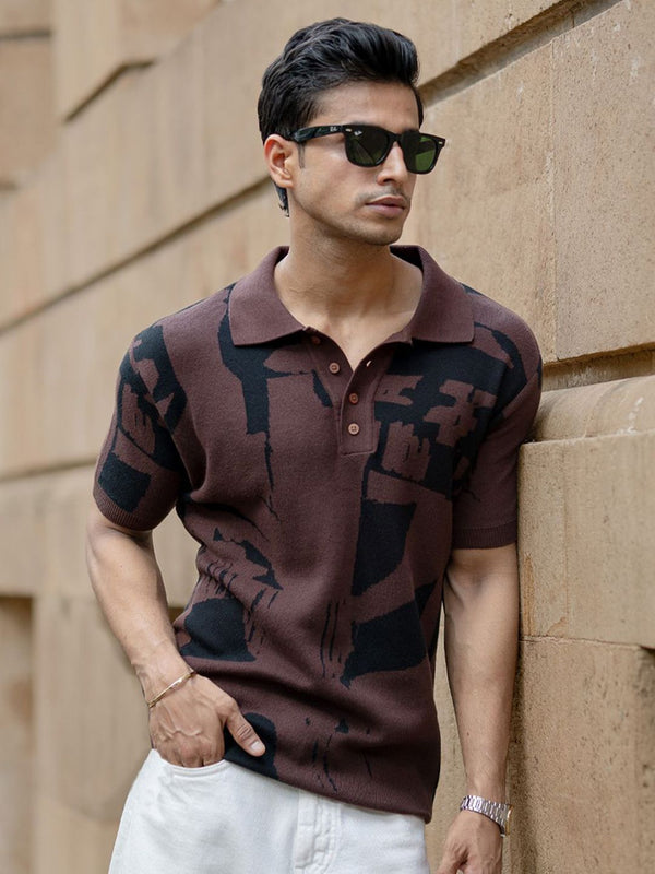 Powerlook SS25 Abstract Printed Polo Collar Jacquard Knitted Pure Cotton T-Shirt