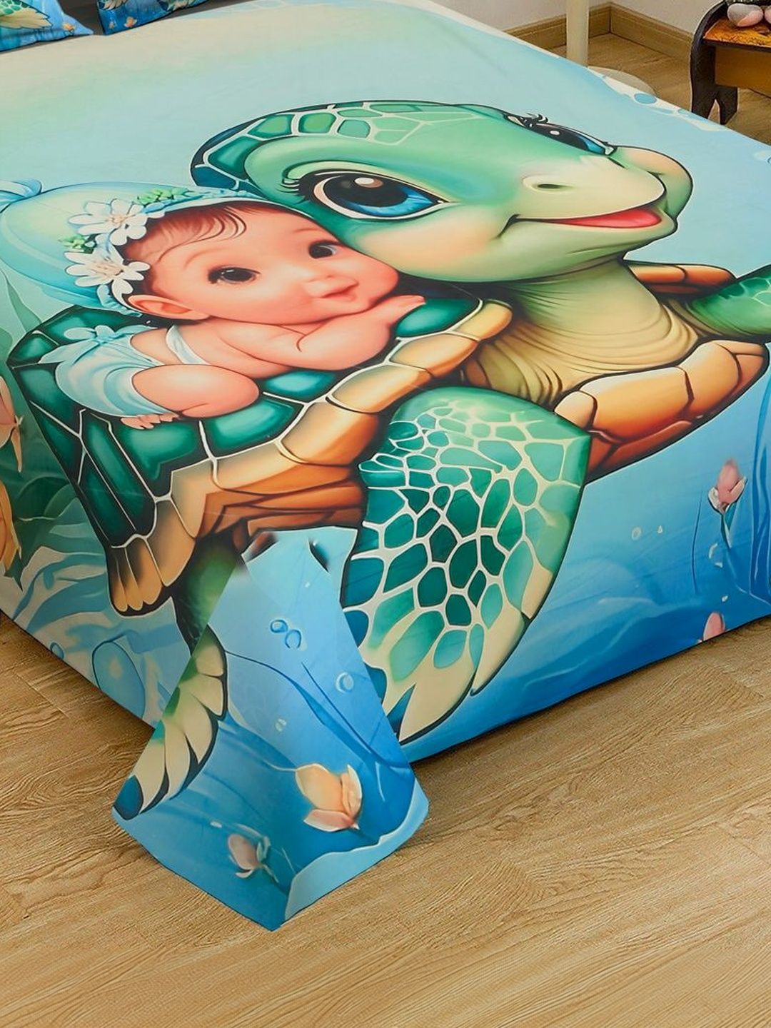 KLOTTHE Green Cartoon Printed Flat 300 TC Super King Cadar Dengan 2 Sarung Bantal