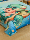 KLOTTHE Green Cartoon Printed Flat 300 TC Super King Bedsheet With 2 Pillow Cover