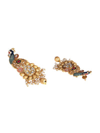 PANASH Gold-Plated Peacock Shaped Stone Studded & Beaded Drop Earrings