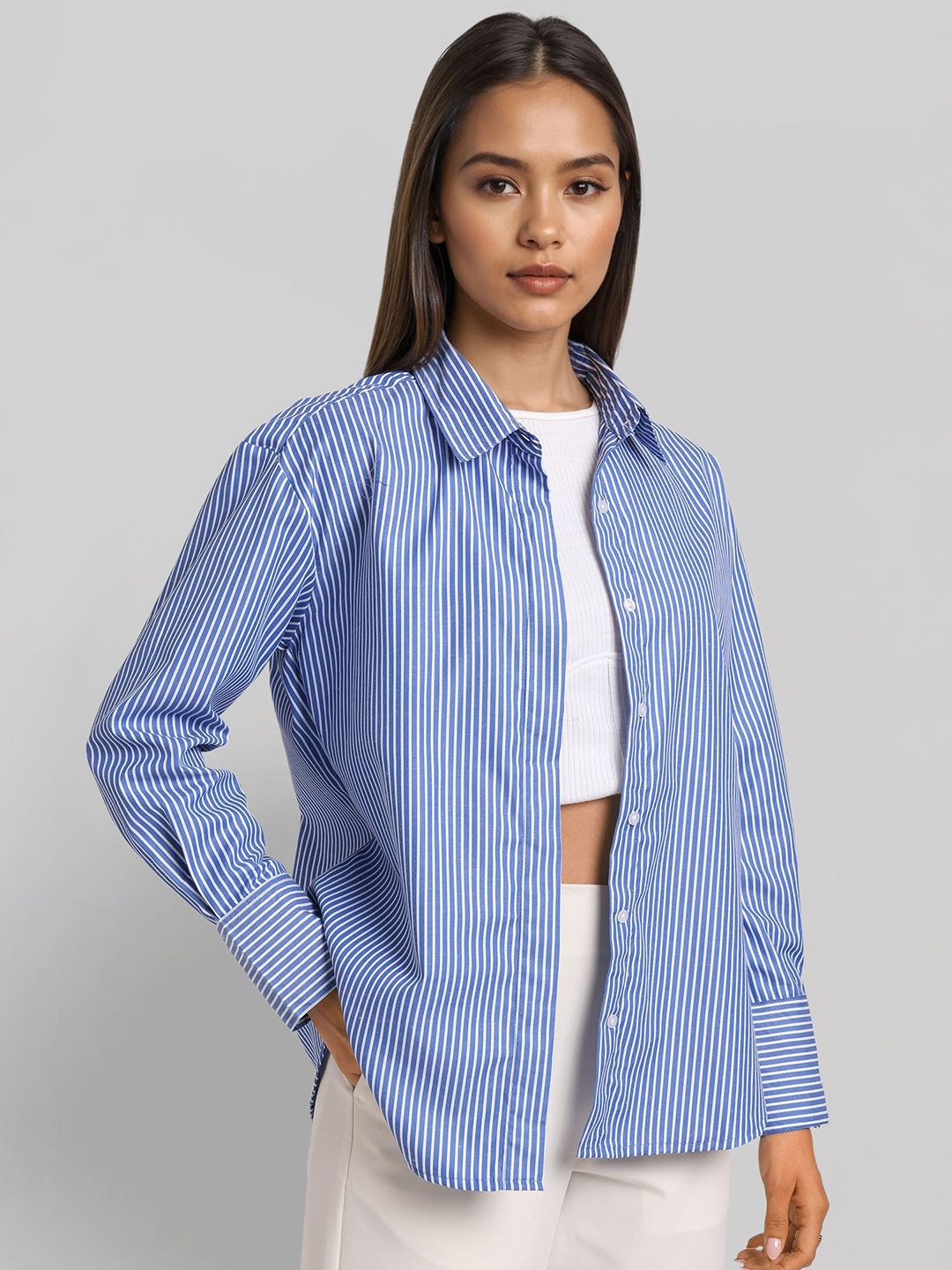 Style Quotient Women Smart Relaxed Fit Vertical Striped Spread Collar Casual Shirt