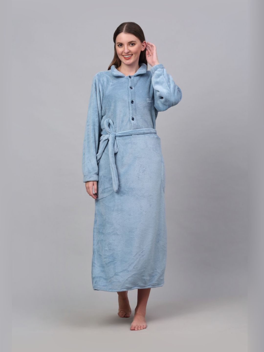 KLOTTHE Blue Shirt Collar Woollen Bath Robe With Belt