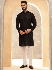 Anouk Black Geometric Embroidered Mandarin Collar Pure Cotton Kurta With Pyjama