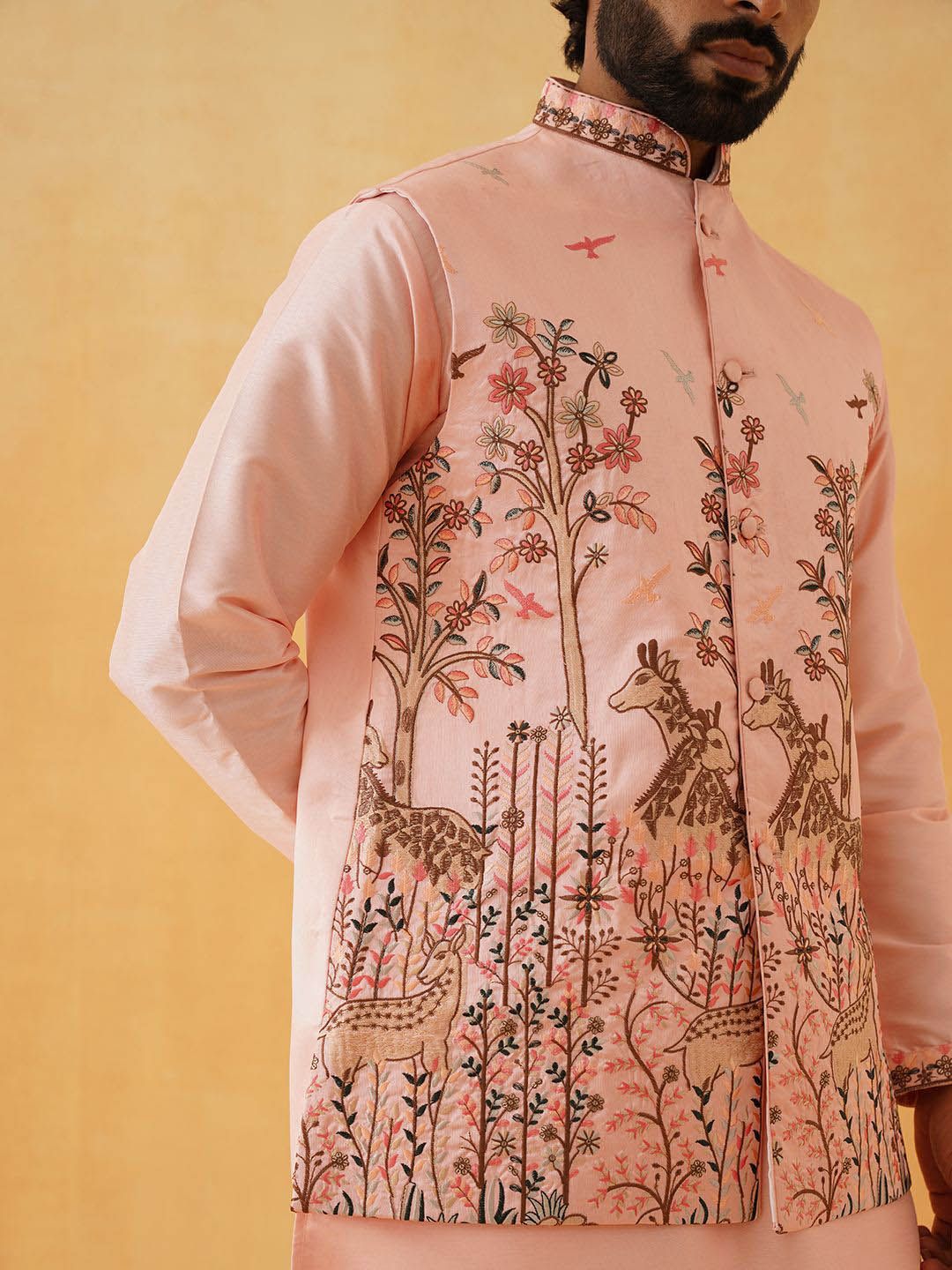 SOJANYA LUXE Thread Work Silk Cotton Straight Kurta with Churidar & Nehru Jacket