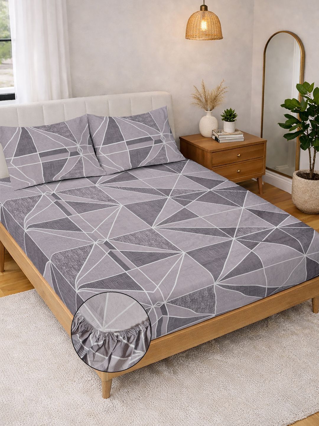 Myntra Elegant Homes Purple Geometric 300 TC King Bedsheet with 2 Pillow Covers