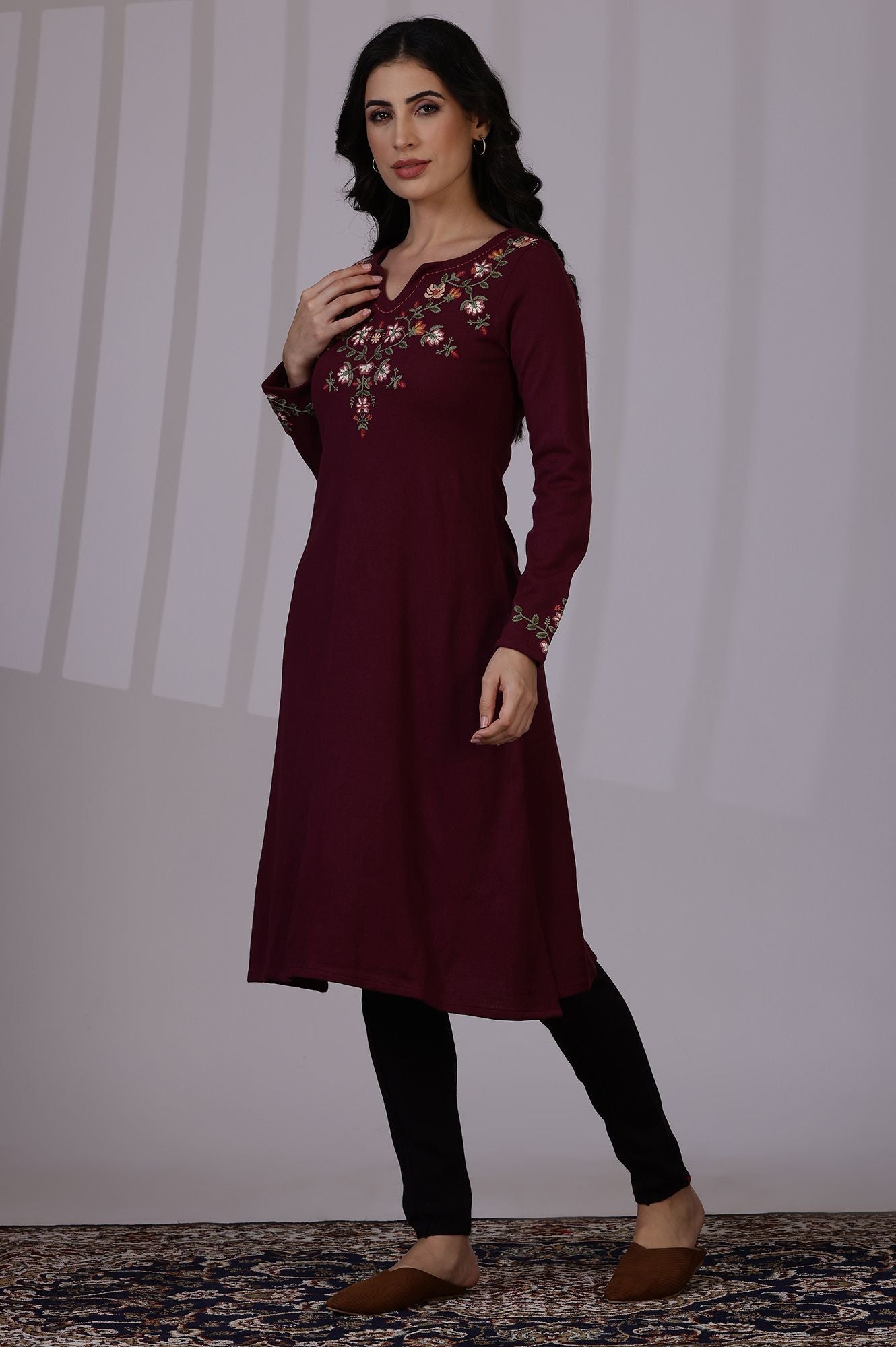 W Floral Embroidered Notch Neck A-Line Kurta