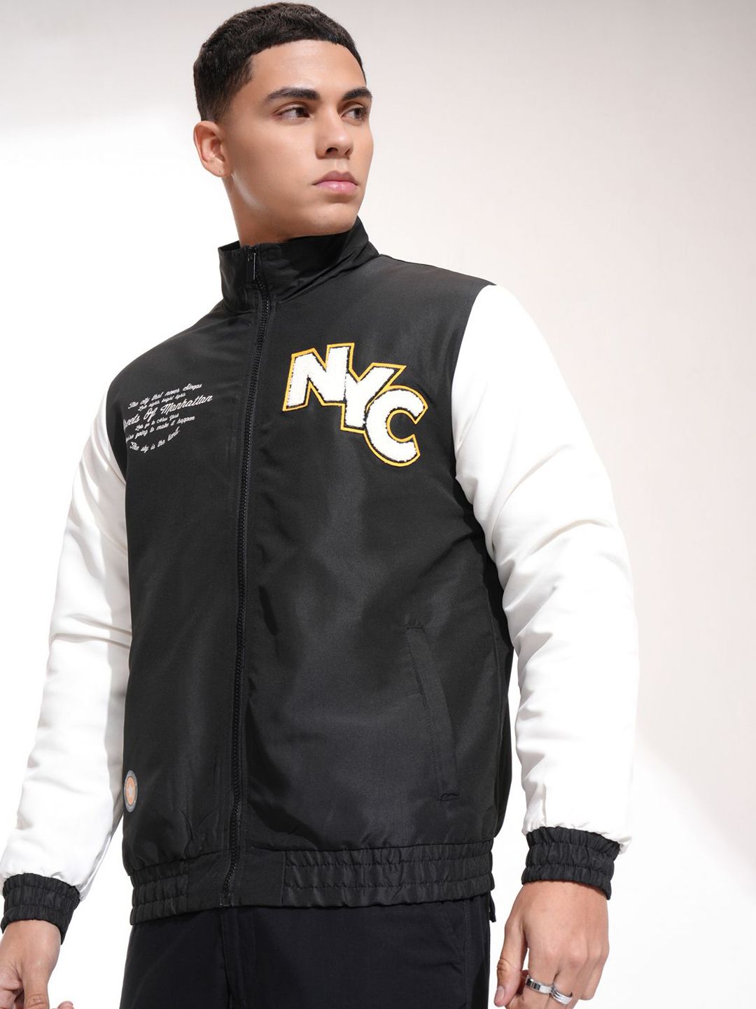 HIGHLANDER Men Mock Collar Typography Printed Casual Bomber Jacket