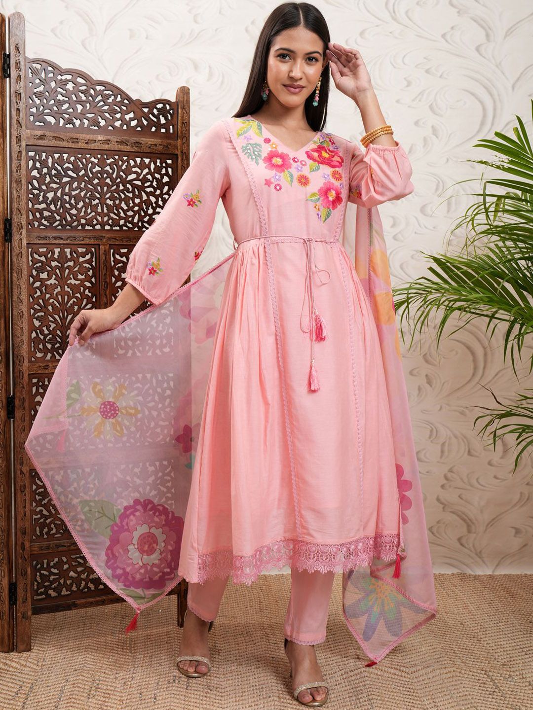 Vishudh Peach Coloured Floral Embroidered V Neck Anarkali Kurta & Trousers With Dupatta