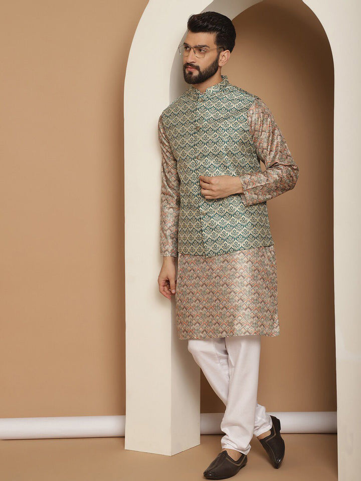 Anouk Beige Etnic Motif Tenunan Rekaan Kurta Lurus Dengan Jaket Churidar & Nehru