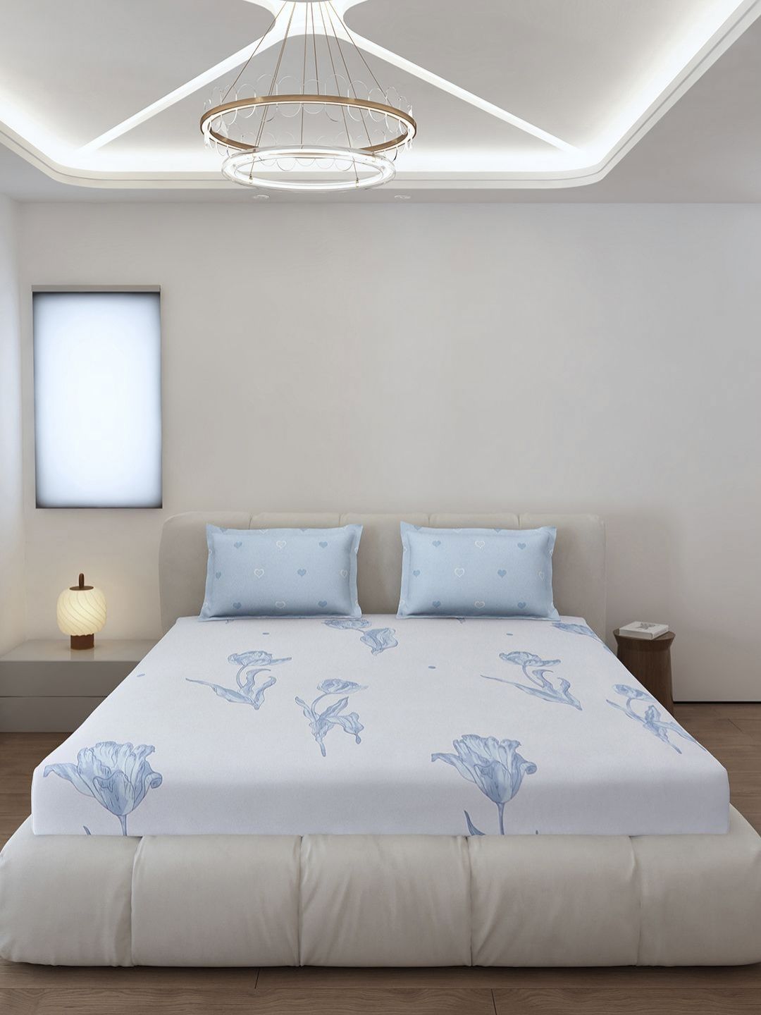 Monte Carlo Stanley Blue & White Floral Printed 144 TC King Bedsheet Set 1.85 m x 1.95 m