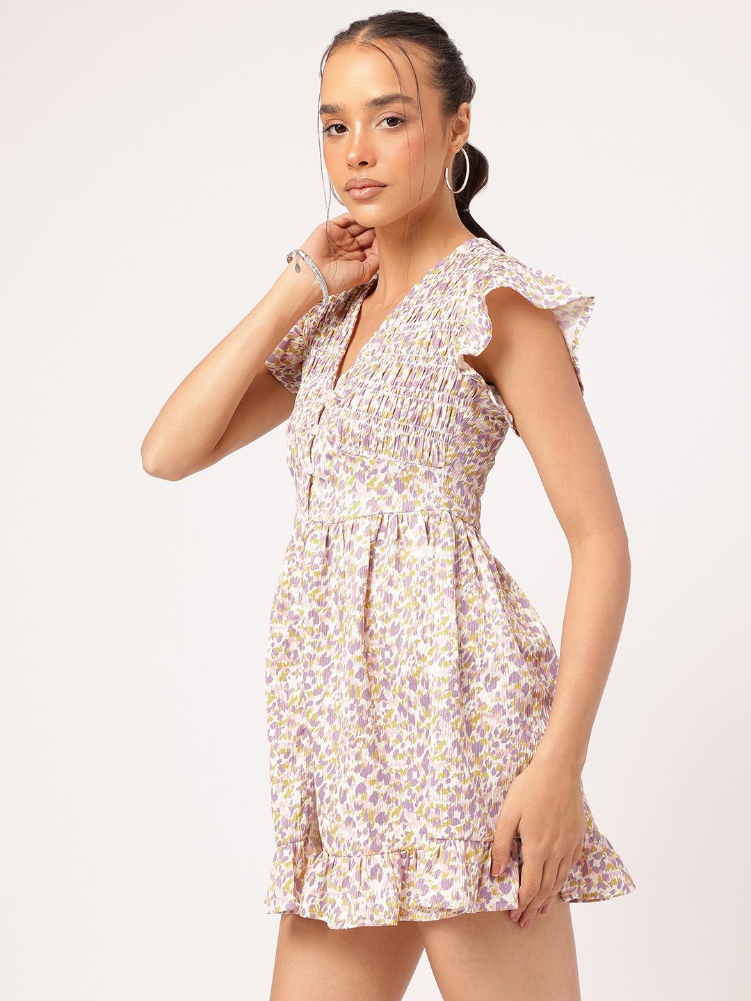 DressBerry Minimalist Muse Smocked Flutter Sleeves Printed Mini A-Line Dress
