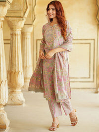 KALINI Floral Printed Thread Work Pure Cotton Straight Kurta With Trousers & Dupatta