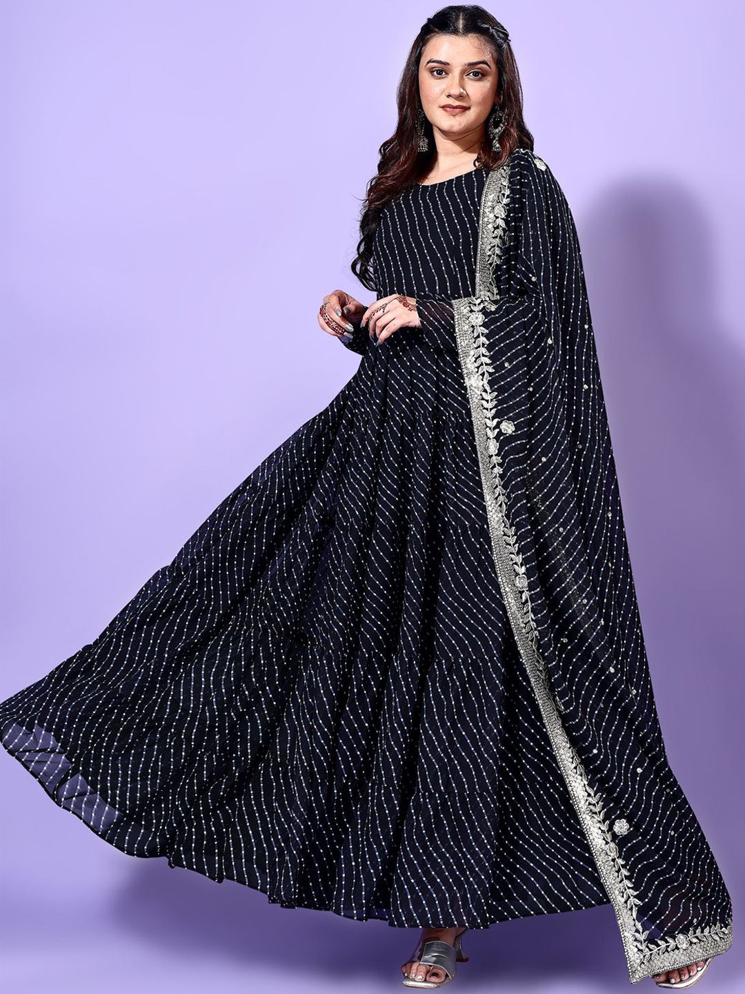 KALINI Leheriya Printed Round Neck Tiered Anarkali Kurta with Pyjamas & Dupatta