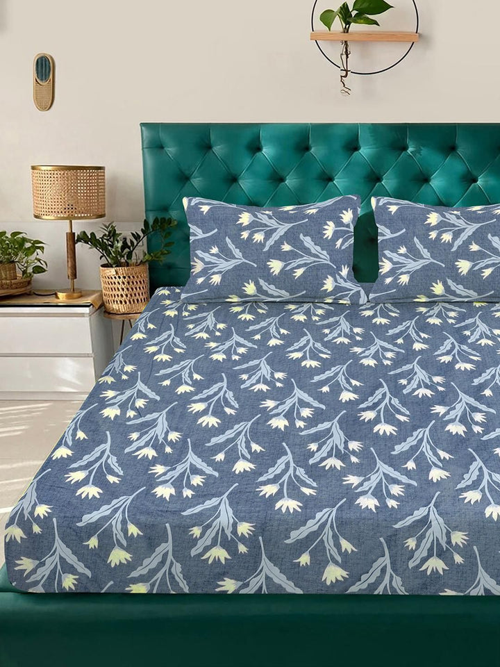 KLOTTHE Blue Floral Printed Dilengkapi 300 King Dilengkapi Cadar Katil Double Dengan 2 Sarung Bantal