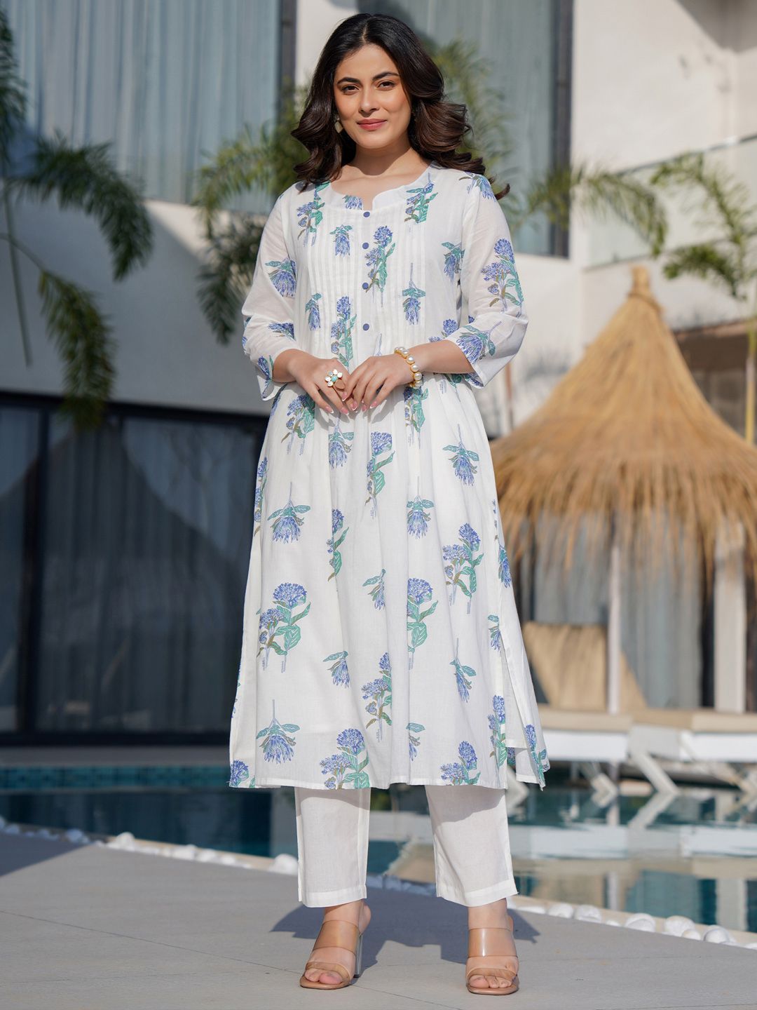 Indo Era Floral Printed Round Neck Panelled A-Line Pure Cotton Kurta With Trousers