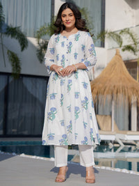Indo Era Floral Printed Round Neck Panelled A-Line Pure Cotton Kurta With Trousers