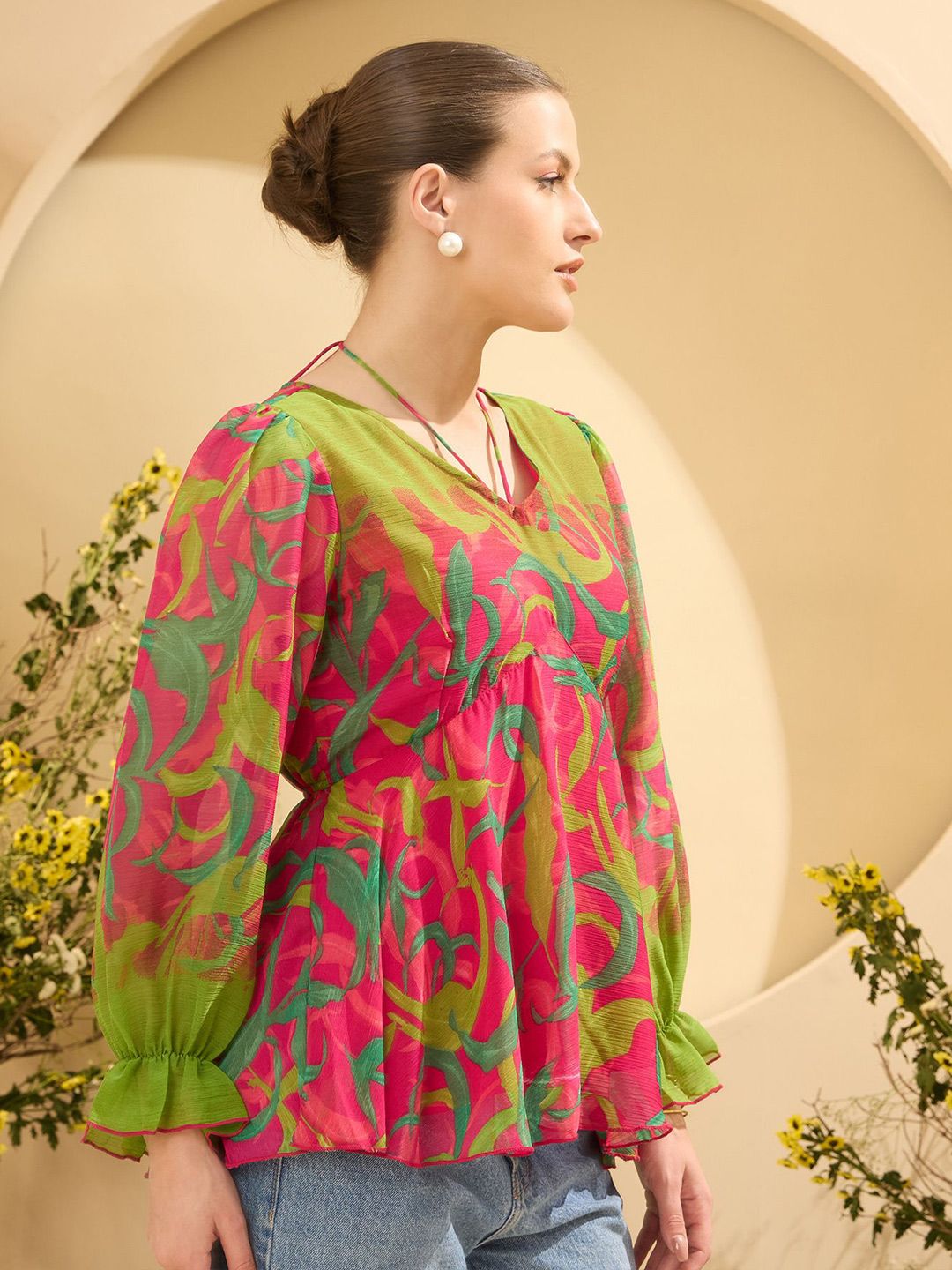 Antheaa Women Printed Puff Sleeves Empire Top