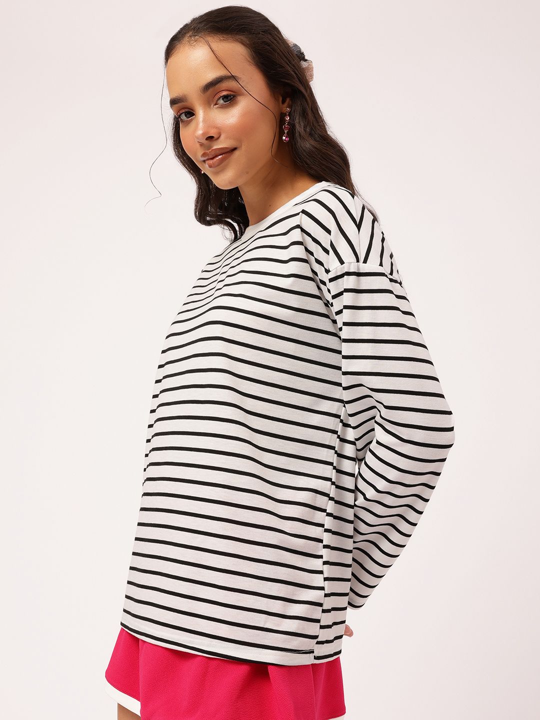 DressBerry Monochrome Whimsy Drop-Shoulder Sleeves Striped T-shirt