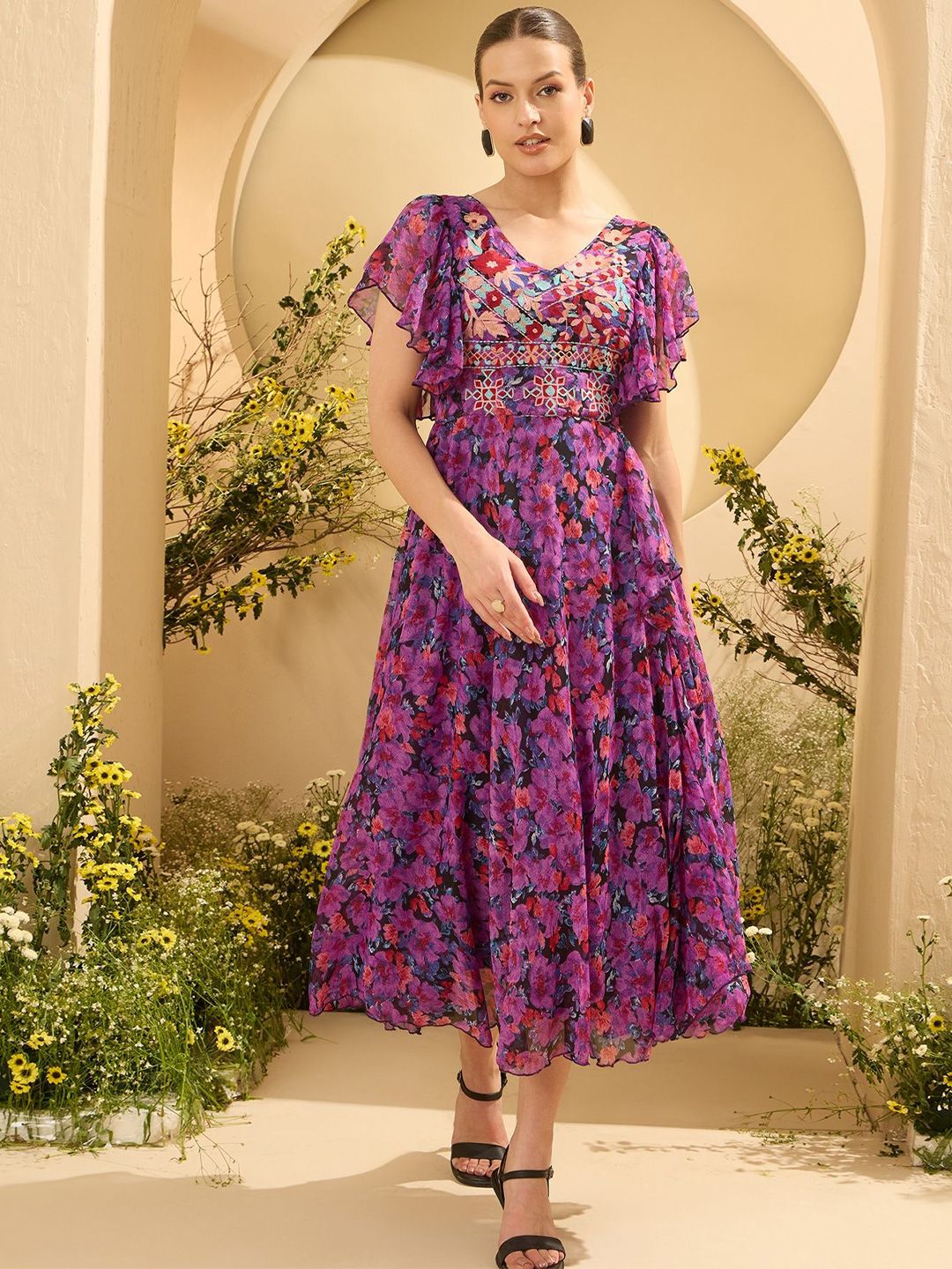 Antheaa Women embroidered & Floral Printed Flared Sleeves Fit and Flare Maxi Dress
