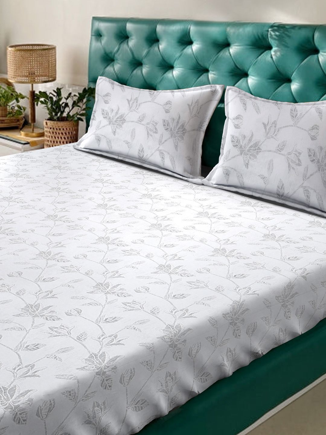Myntra Elegant Homes White Floral 400 TC Bedsheet with 2 Pillow Covers