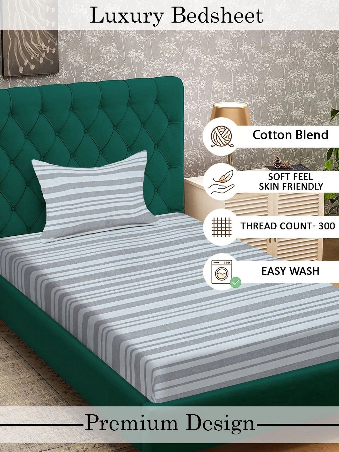 Myntra Elegant Homes Berjalur Kelabu & Putih Cadar 300 TC Single dengan 1 Sarung Bantal