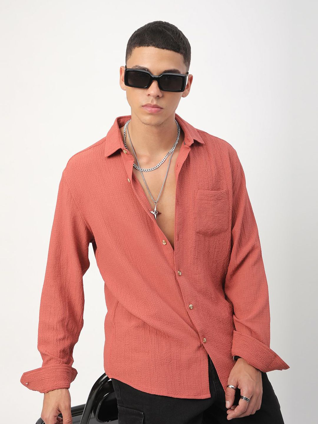 VASTRADO Men Classic Spread Collar Textured Casual Shirt