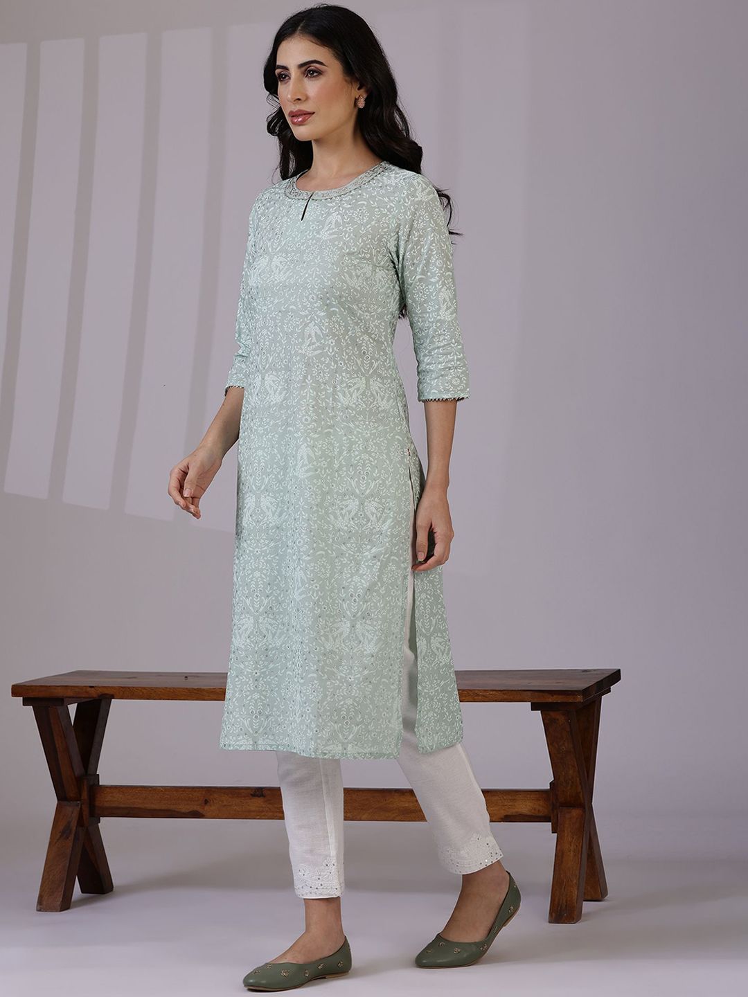 W Green Floral Printed Keyhole Neck Three-Quarter Sleeves Regular Pure Cotton Kurta