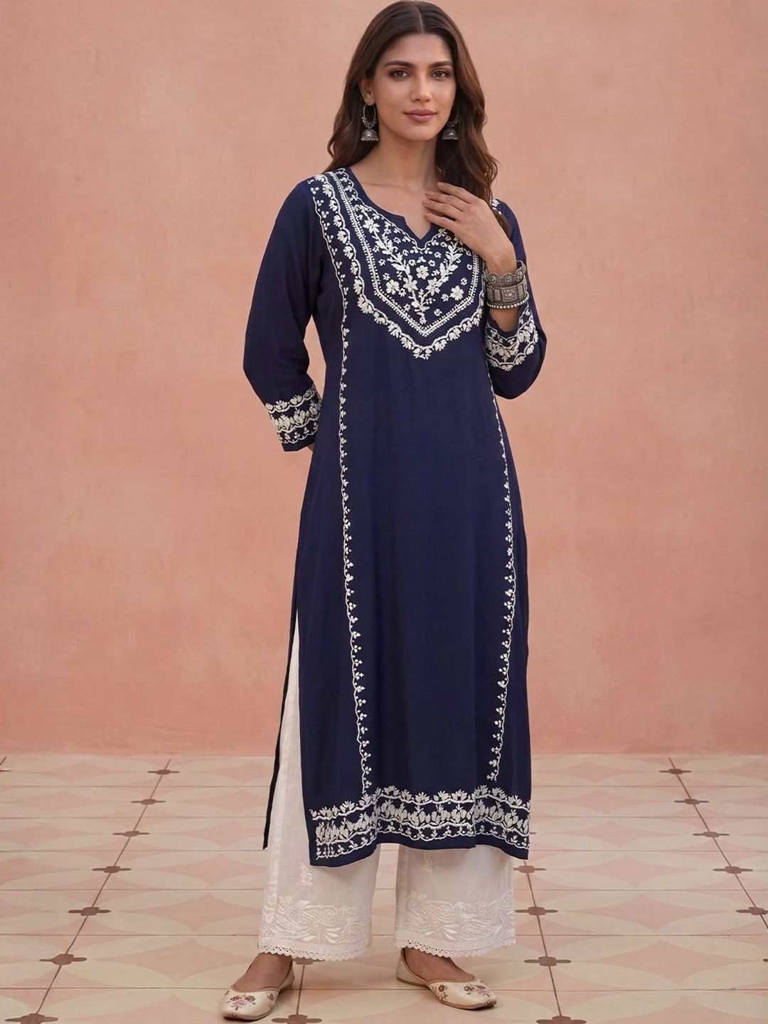 Kurta Sulam Benang Sulam Wanita Rumah Chikankari