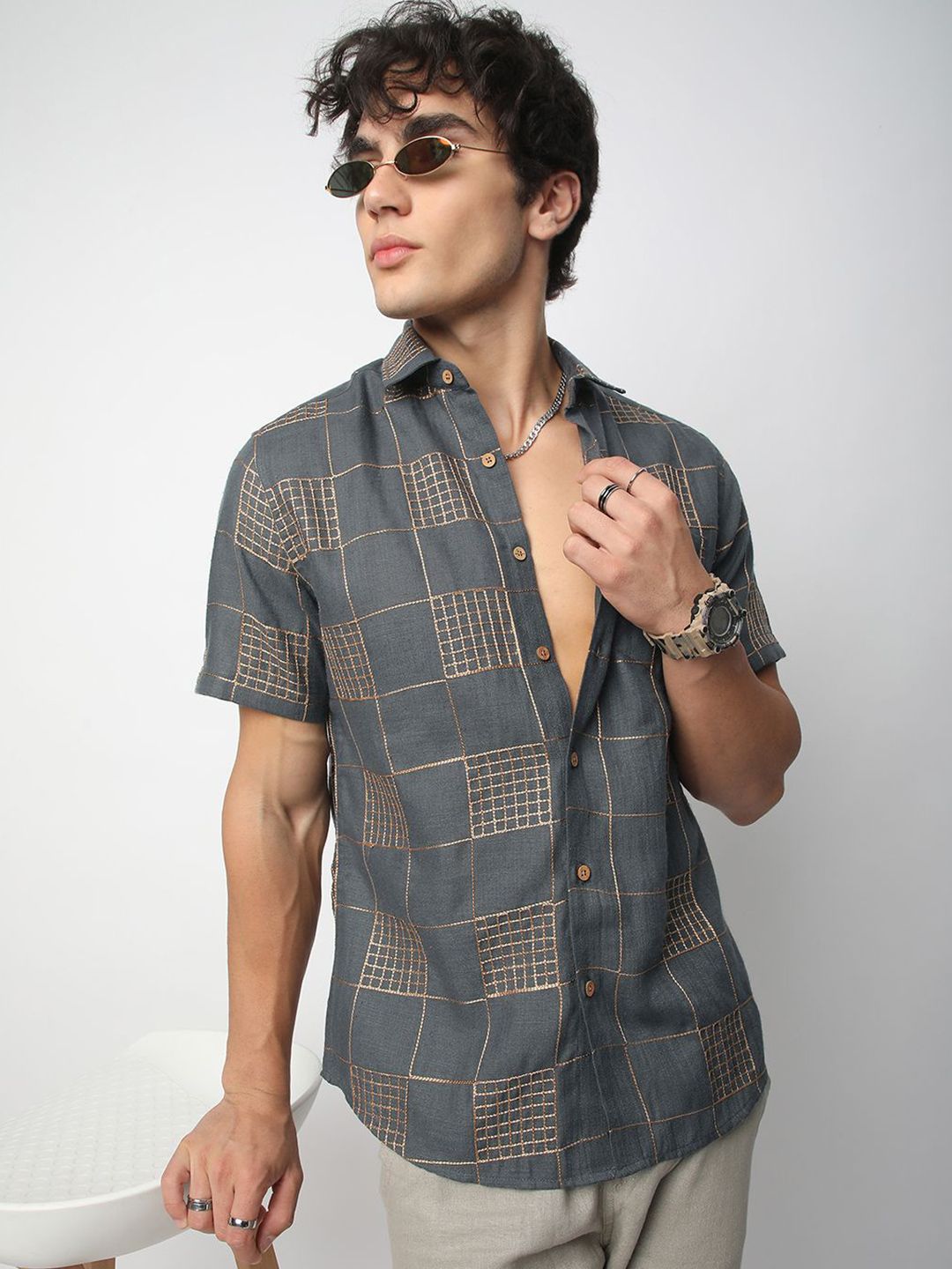 VASTRADO Men Classic Spread Collar Geometric Printed Cotton Slim Fit Casual Shirt