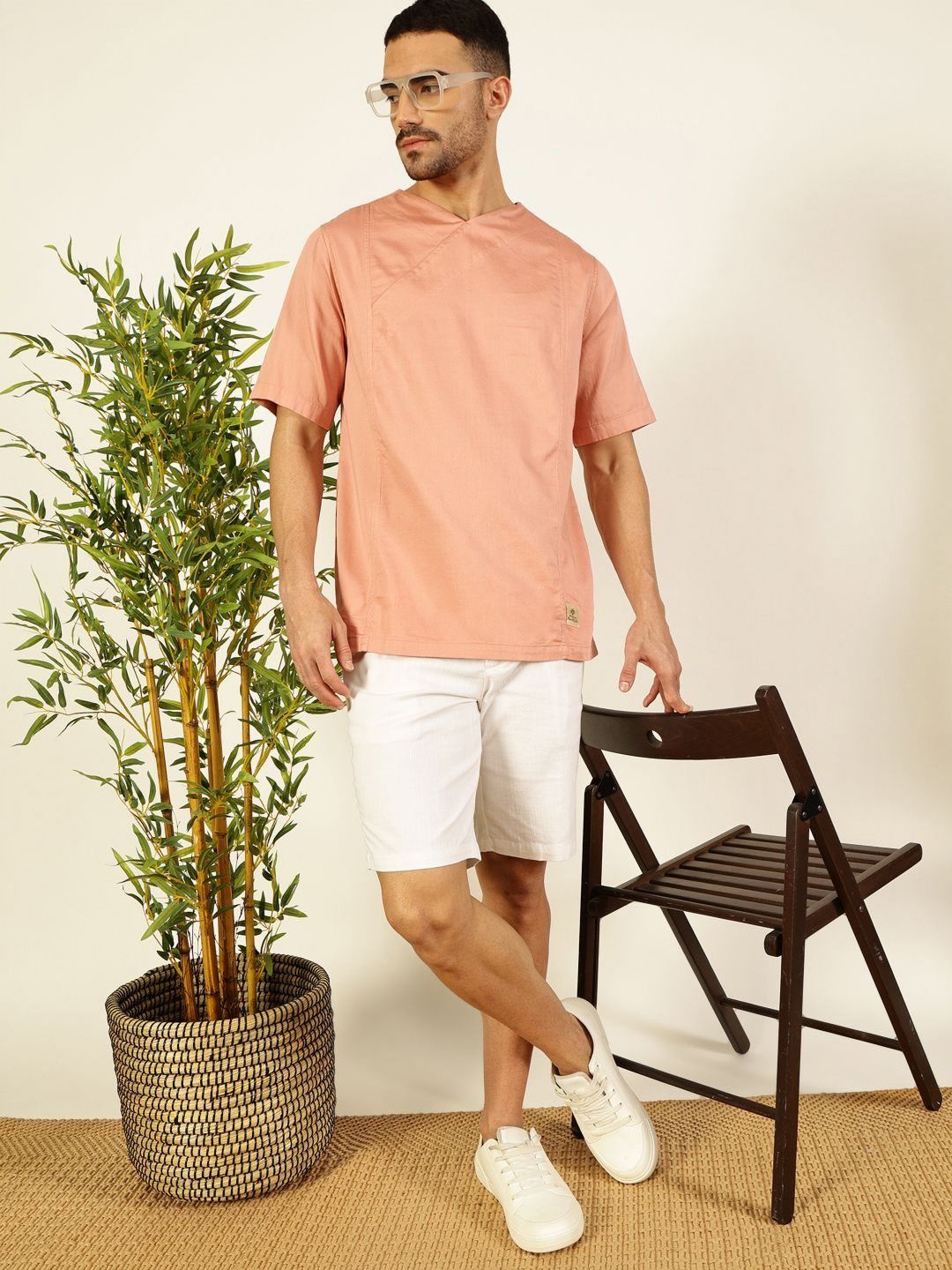 Thomas Scott Men Solid V-Neck Cotton Boxy T-Shirt