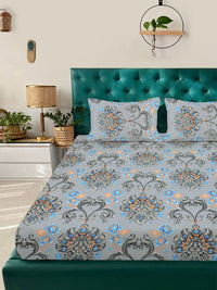 Aura Grey & Orange Floral Printed Fitted 300 TC King Bedsheet Set 2.50 m x 2.25 m