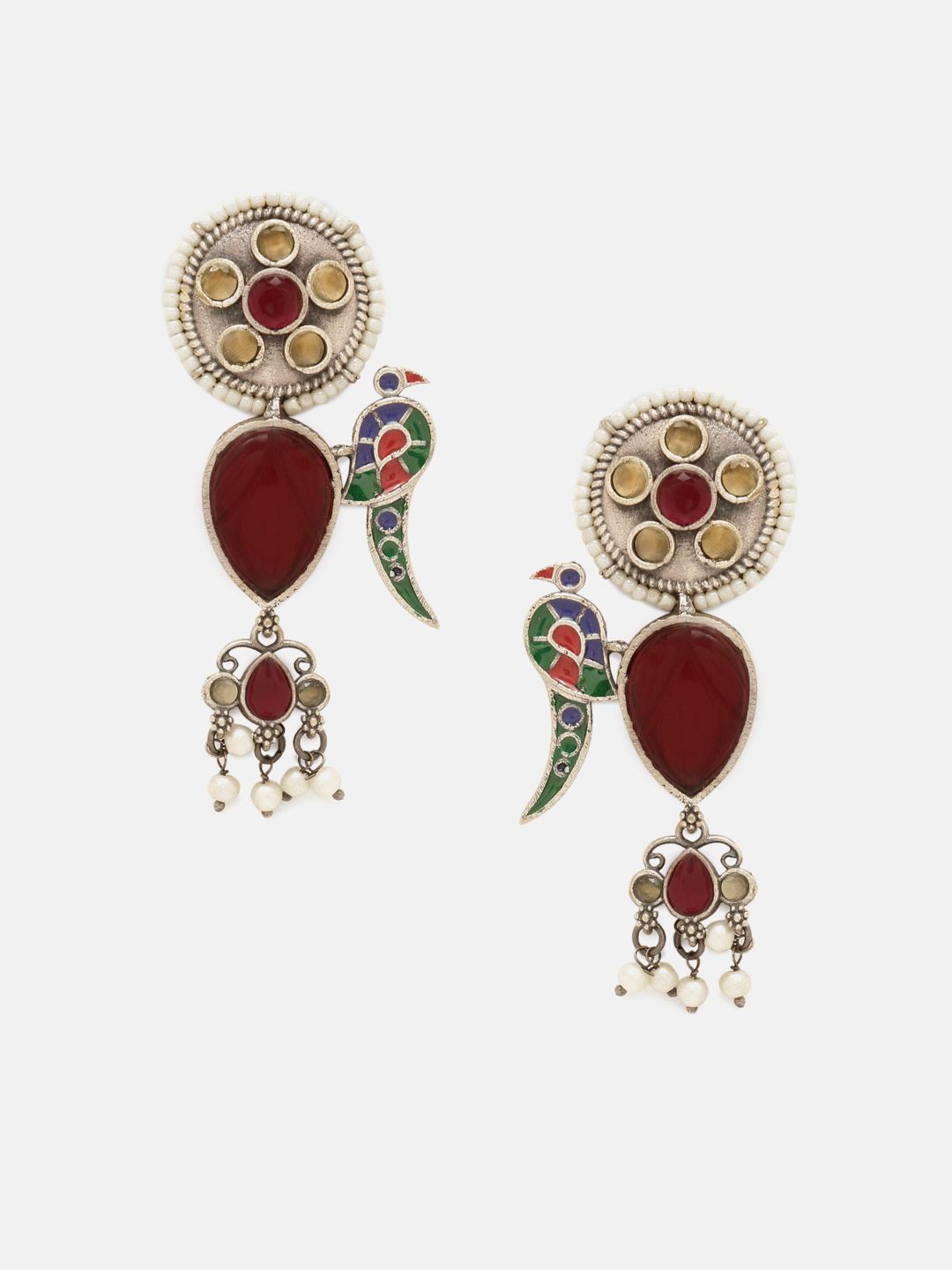Priyaasi Silver-Plated Faux Ruby Studded Oxidised Contemporary Drop Earrings