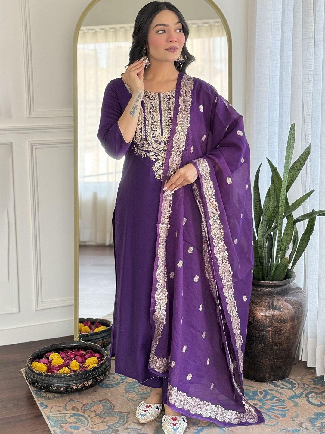 KALINI Ethnic Motifs Yoke Design Pure Silk Straight Kurta With Trousers & Dupatta