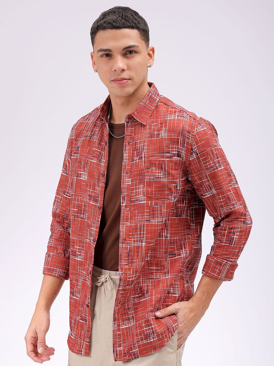 The Indian Garage Co Men Cutaway Collar Checked Cotton Slim Fit Casual Shirt