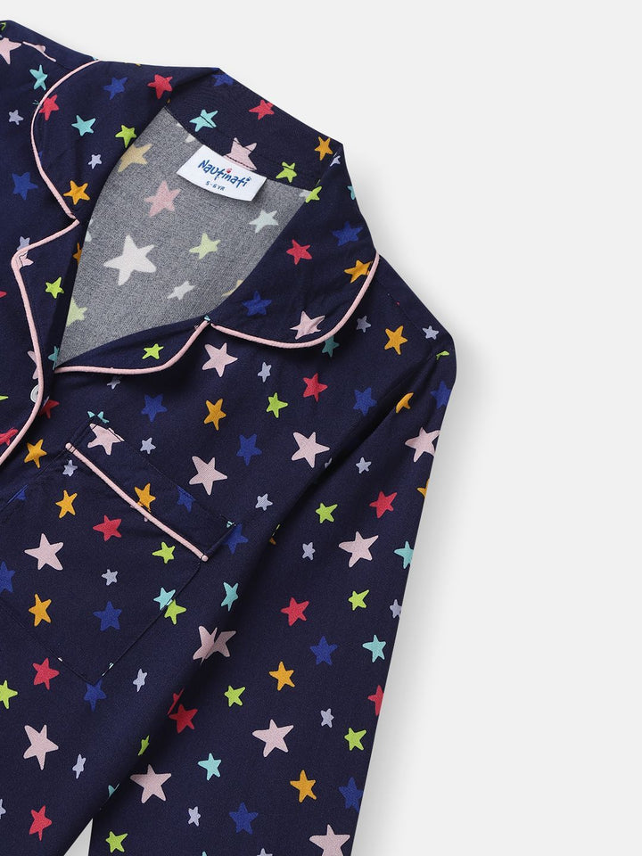 Nauti Nati Boys Star Printed Lapel Collar Neck Shirt and Matching Pants Nightsuit
