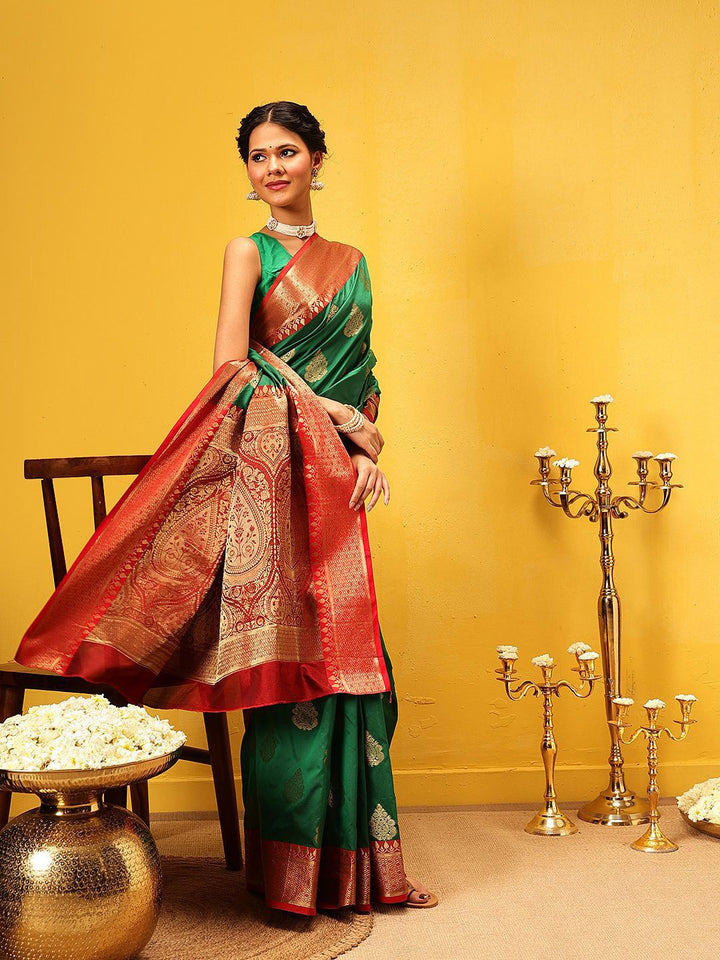 Silk Land  Banarasi Soft Silk Butti Design Saree with Contrast Border and Pallu