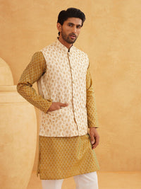 SOJANYA Ethnic Motifs Woven design Band Collar Kurta With Churidar And Nehru Jacket