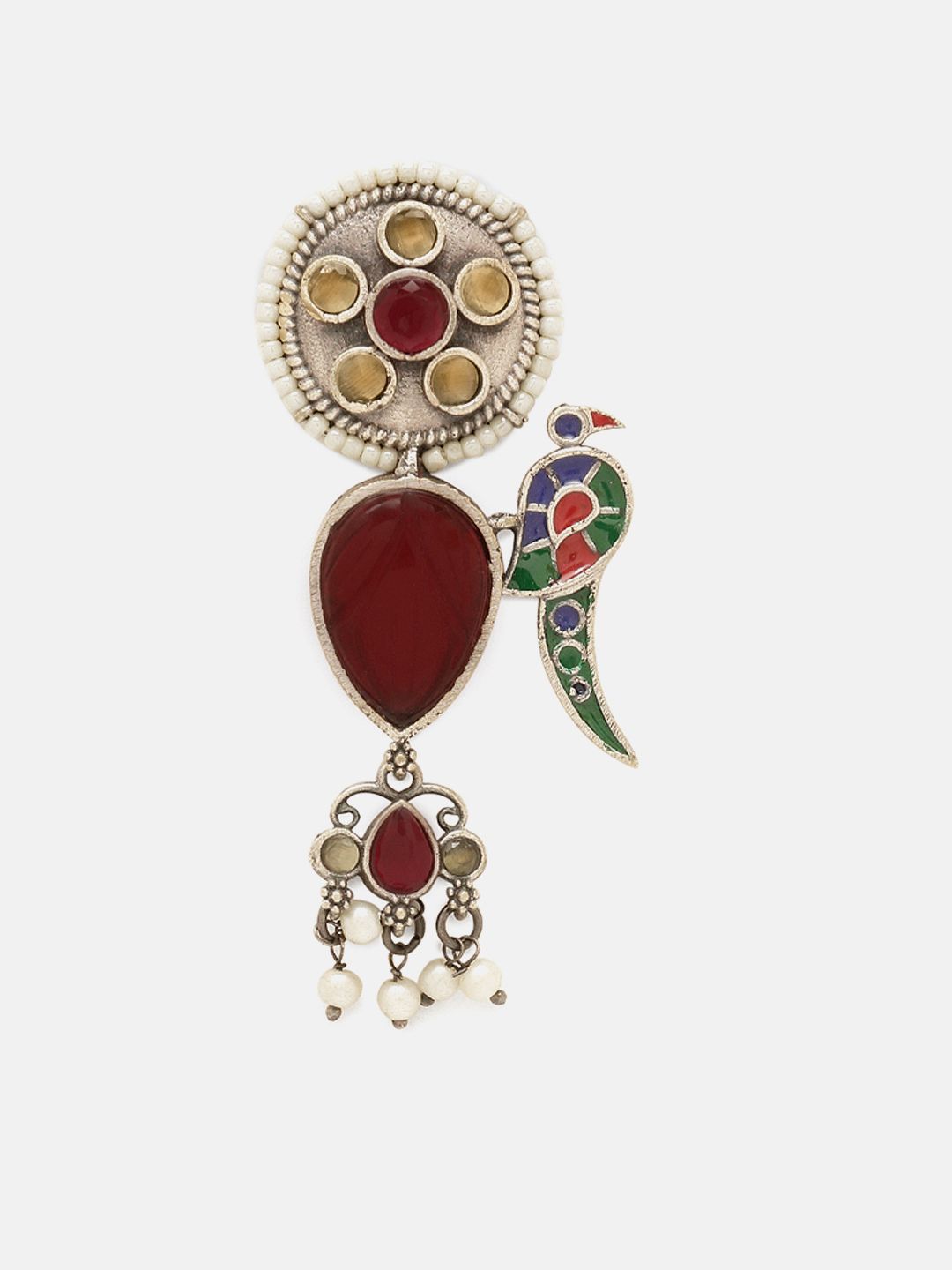 Priyaasi Silver-Plated Faux Ruby Studded Oxidised Contemporary Drop Earrings