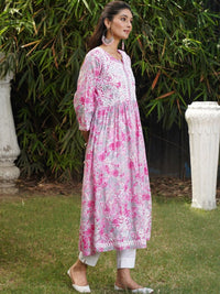 House of Chikankari Floral Print Fit & Flare Midi Dress